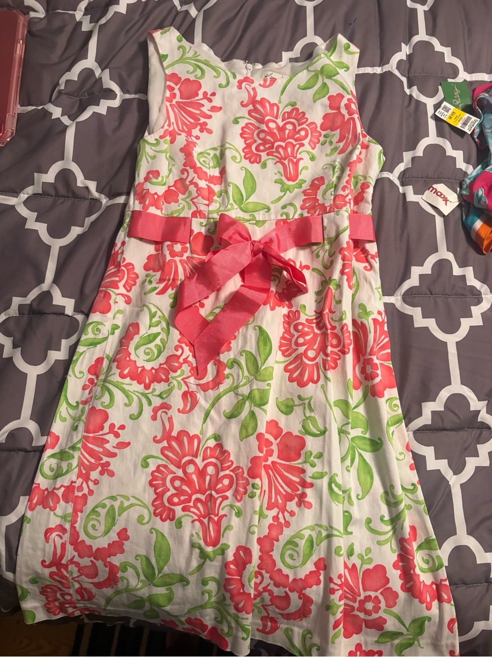 Kim Rogers White Dress with pink Floral Print and Pink Bow